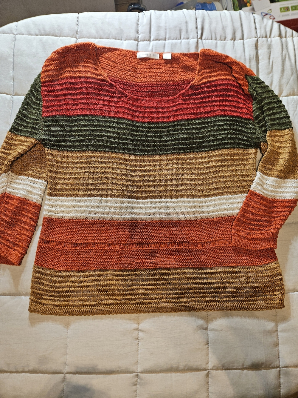 Passport Striped Scoop Neck Sweater in Red, Orange, Green, Brown, Cream